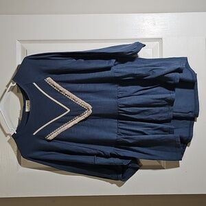 Umgee Tunic Blouse Cotton Blend Fringe Blue Western Oversized Shirt Top Size S